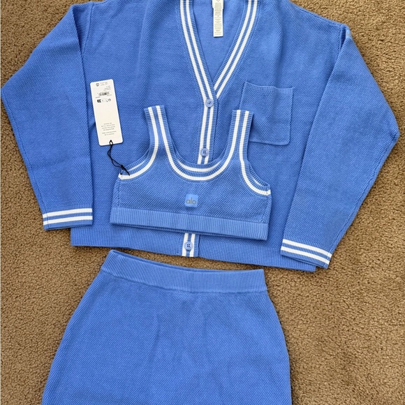 alo tennis club sweater knit bra skirt cardigan set Crystal Clear Blue - Picture 2 of 7